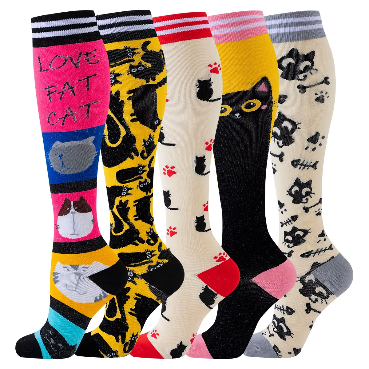 5 Pairs Cat Compression Socks Nurse Compression Socks Sport Knee High Compression Stocking